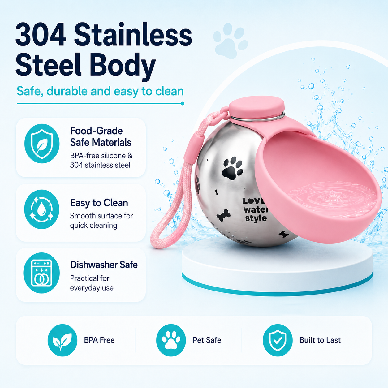 Portable Pet Water Bottle with Foldable Silicone Bowl – 285ml